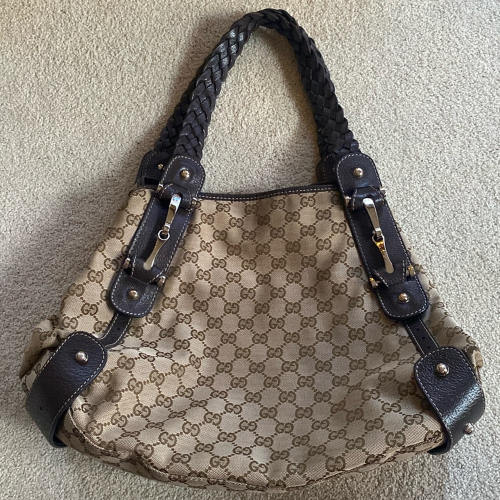 Gucci GG Canvas Horse Bit Hobo with Braided Leather Shoulder Strap